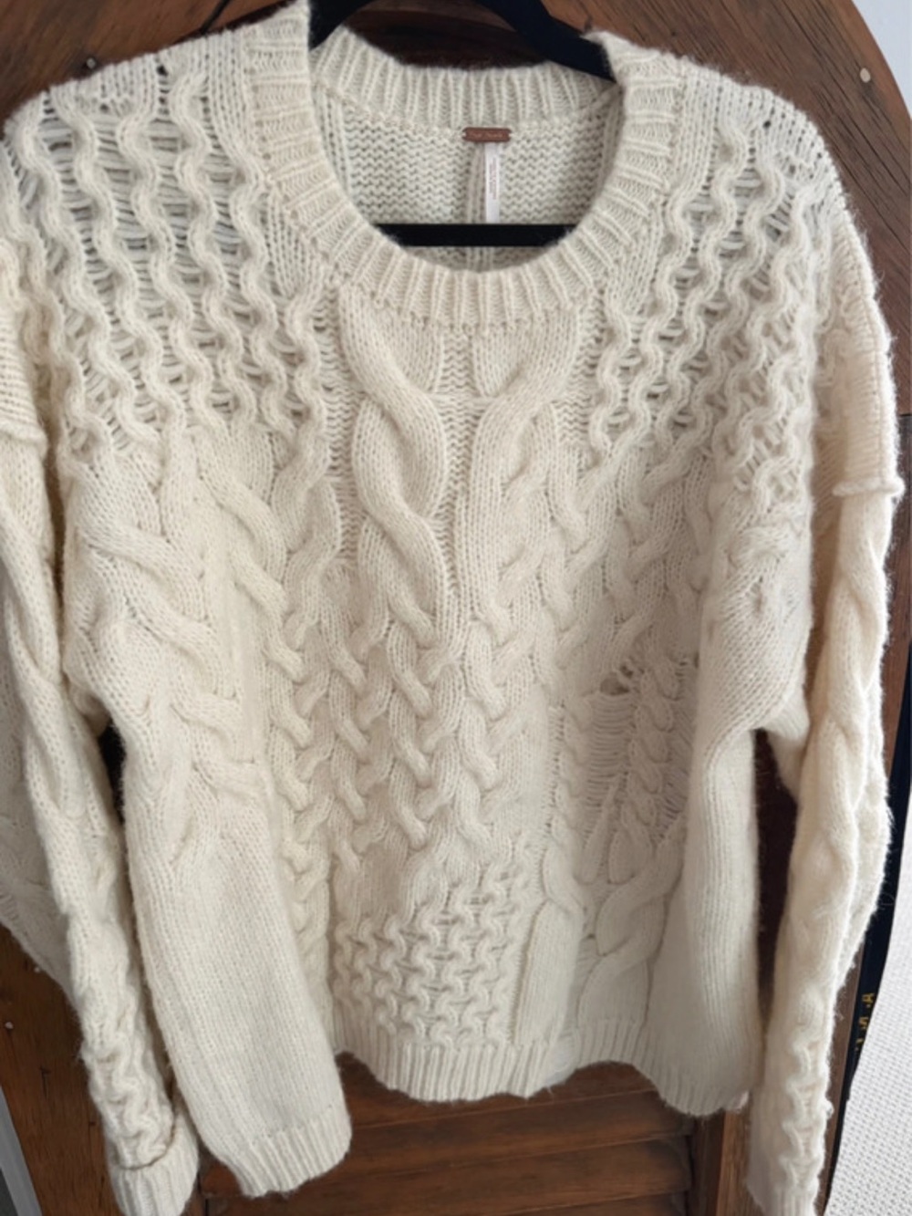 Free People Cream Cable Knit Crewneck Sweater